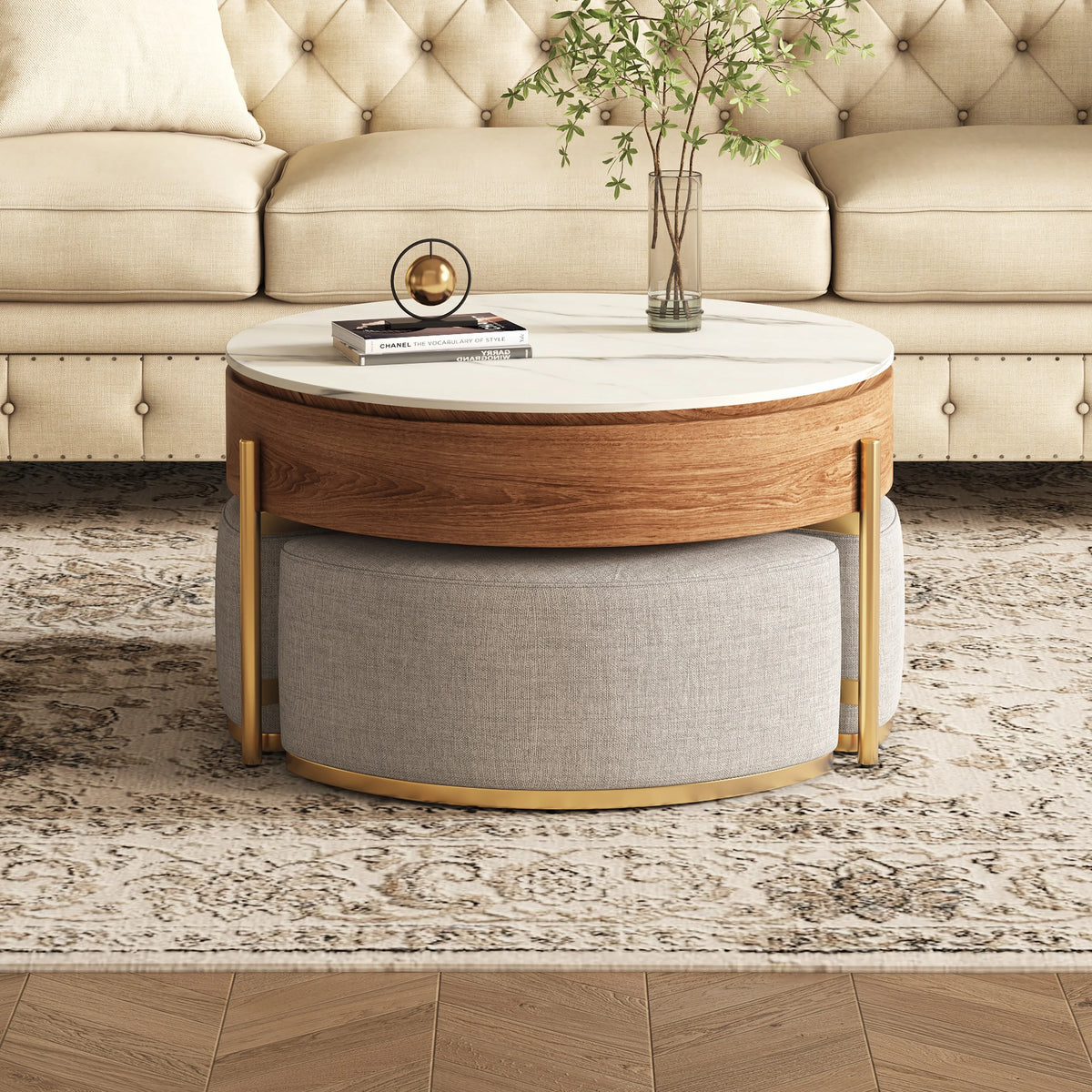 Lift Top Nesting Coffee Table with Storage and 3 Stools L607