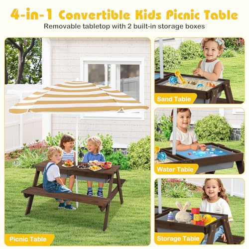 Kids Wooden Picnic Table and Chair Set with Umbrella R7530