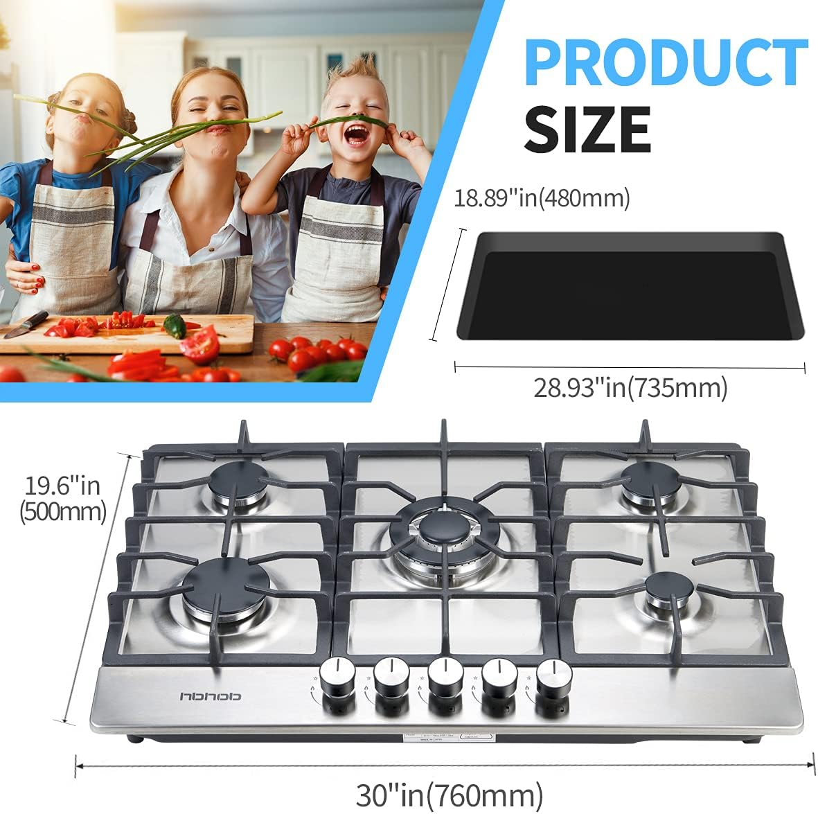 30 Inches 5 Burners Stainless Steel Gas Cooktop with Cast Iron Grates P9853