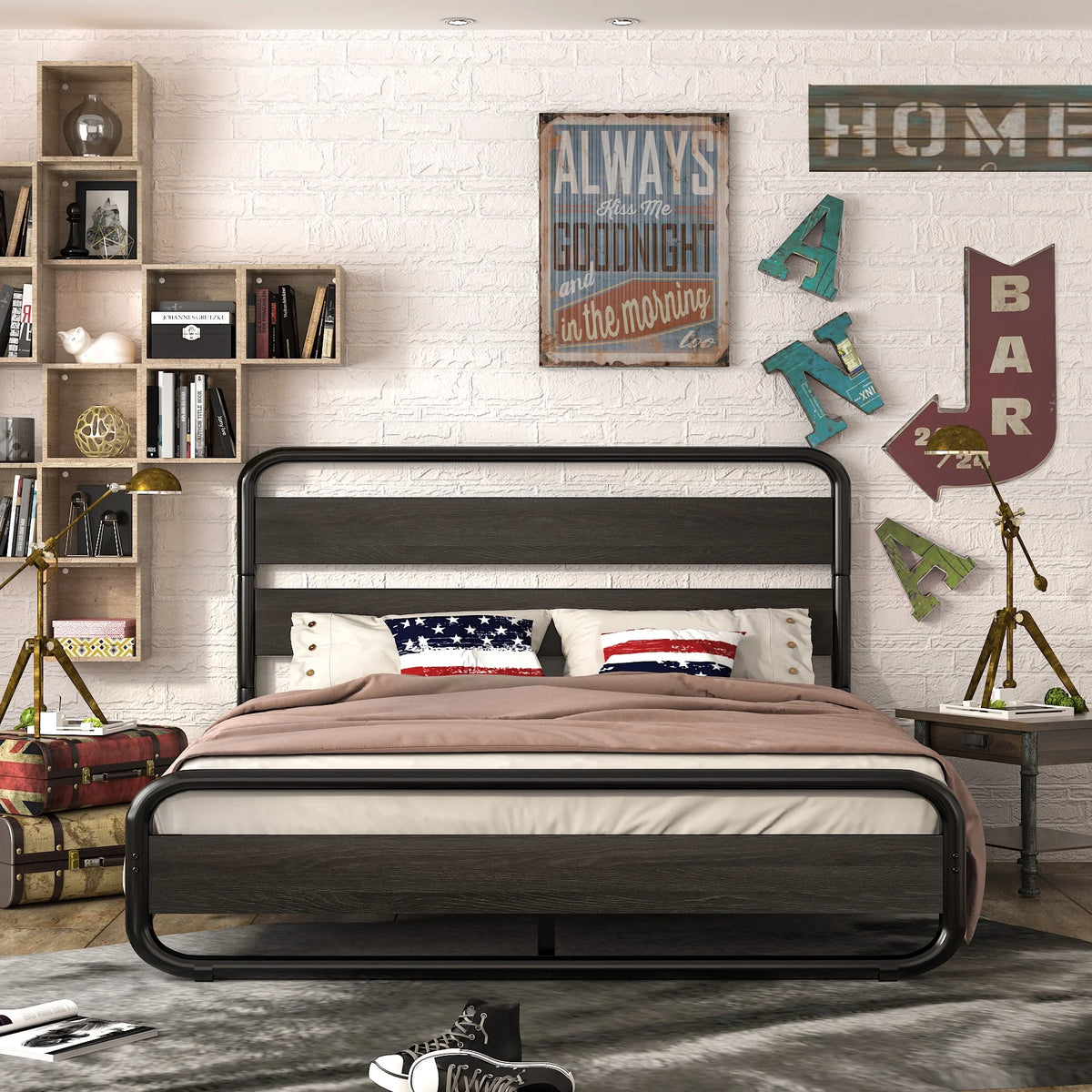 Full Size Metal Platform Bed Frame with Wooden Headboard & Footboard, Black R430