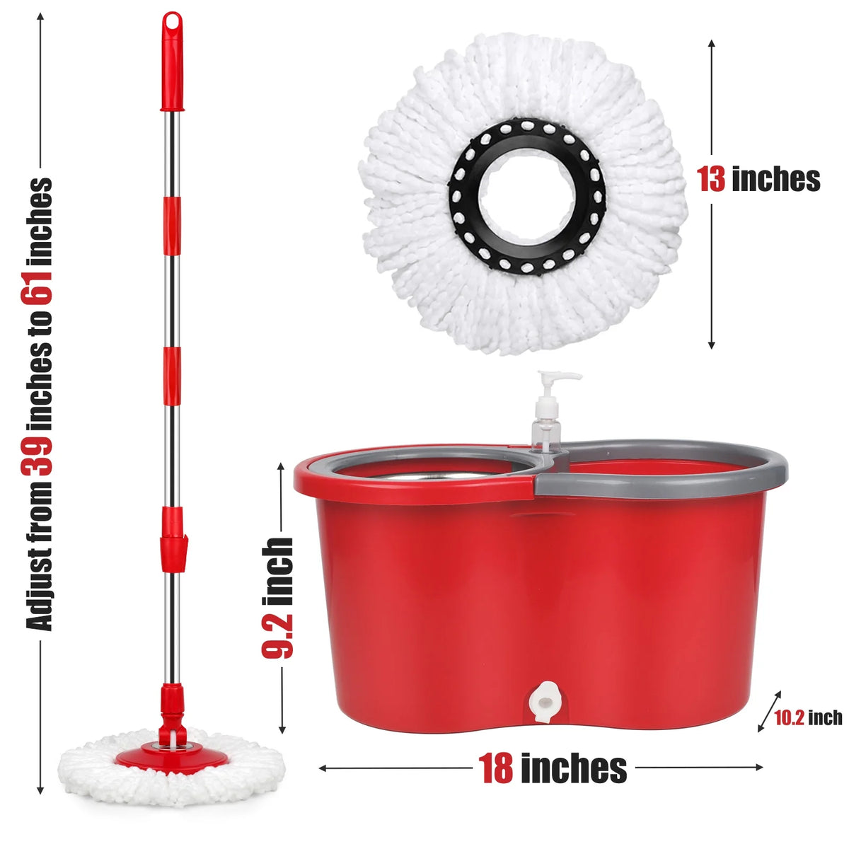 Red & Gray Microfiber Spin Mop and Bucket with 3 Mop Heads E1828