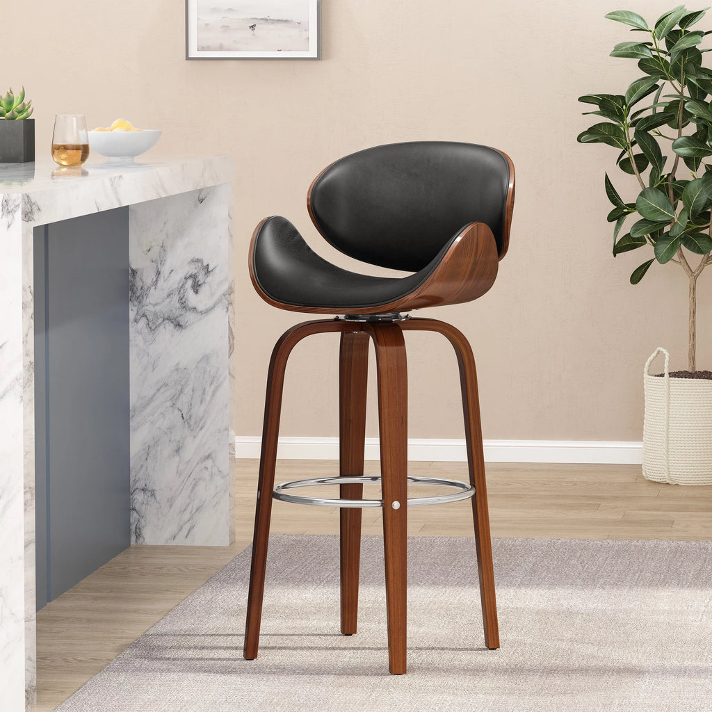 Mid Century Modern Faux Leather Wood Swivel Barstool W9005