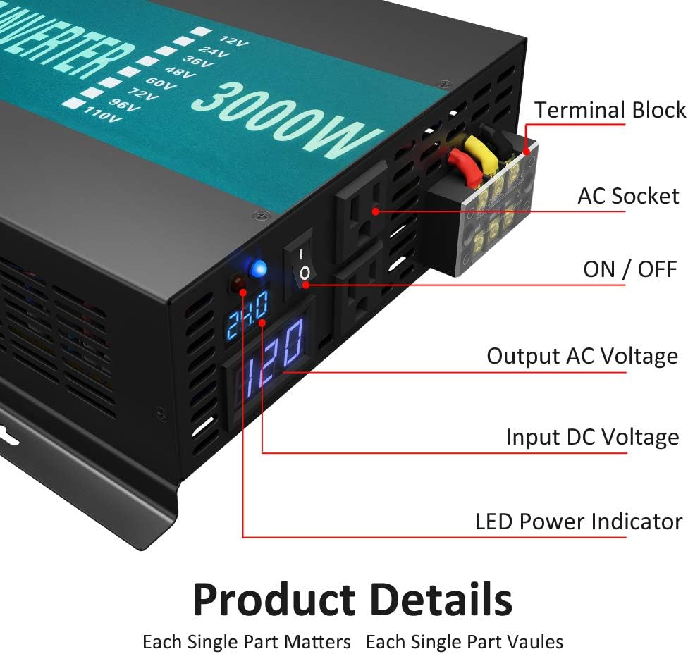 3000W Pure Sine Wave Inverter 24V DC to 120V AC 60HZ with LED Display L648781