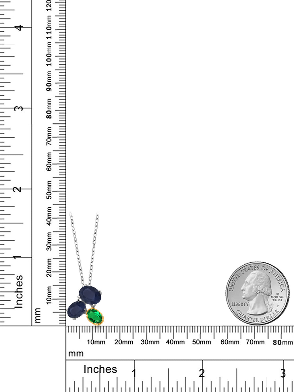 925 Silver 10K Yellow Gold Blue Sapphire Green Nano Emerald Pendant Necklace with 18 inch Chain F3726