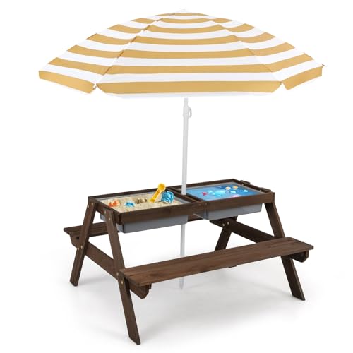 Kids Wooden Picnic Table and Chair Set with Umbrella R7530