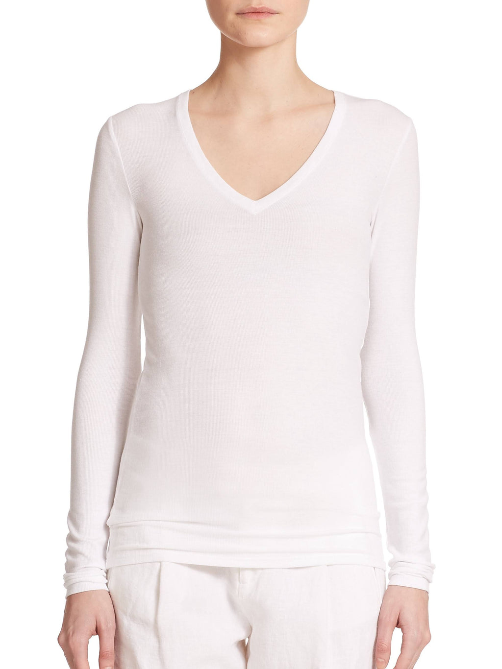 White Long-Sleeve V-Neck Tee G790