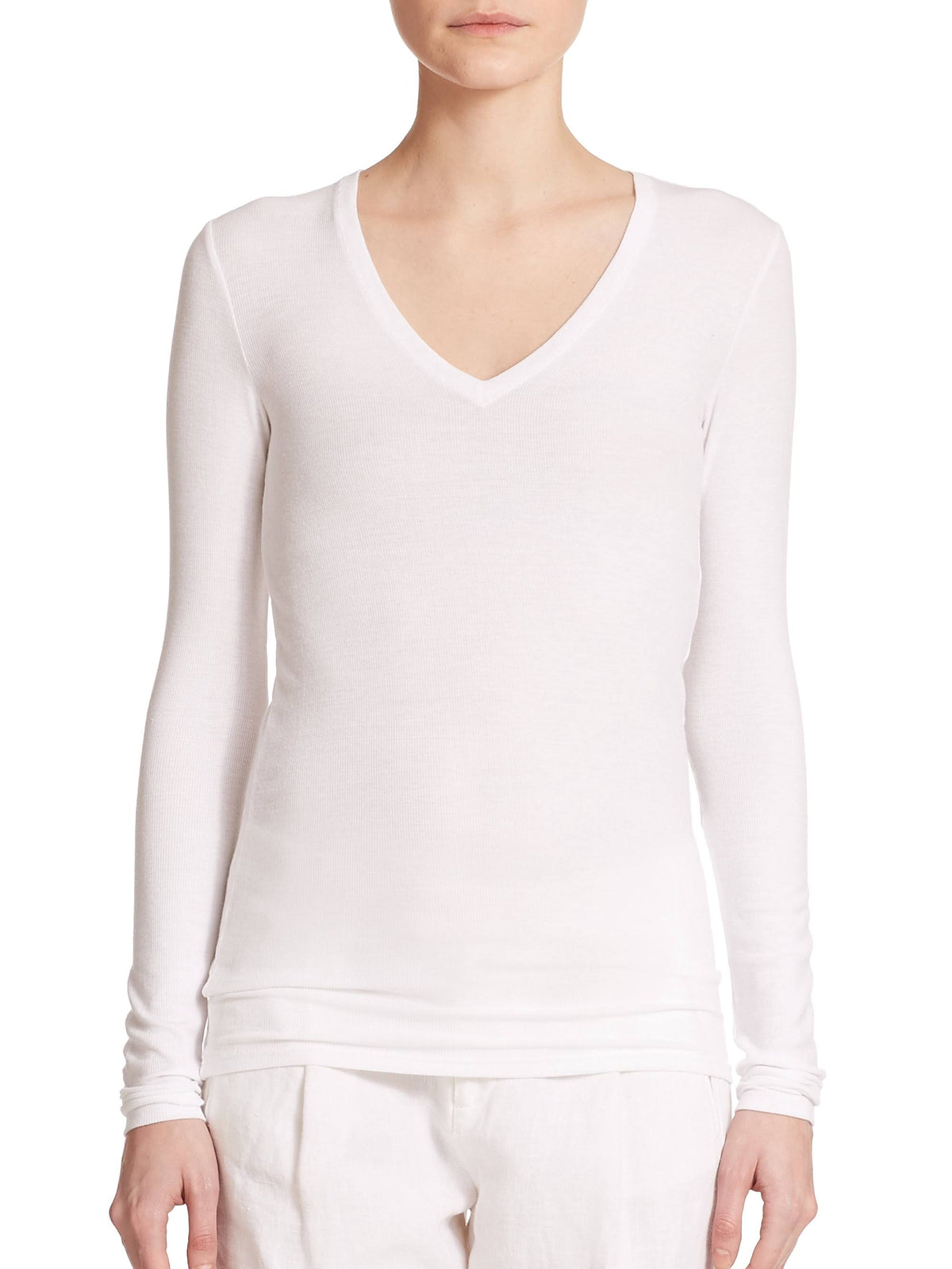 White Long-Sleeve V-Neck Tee G790