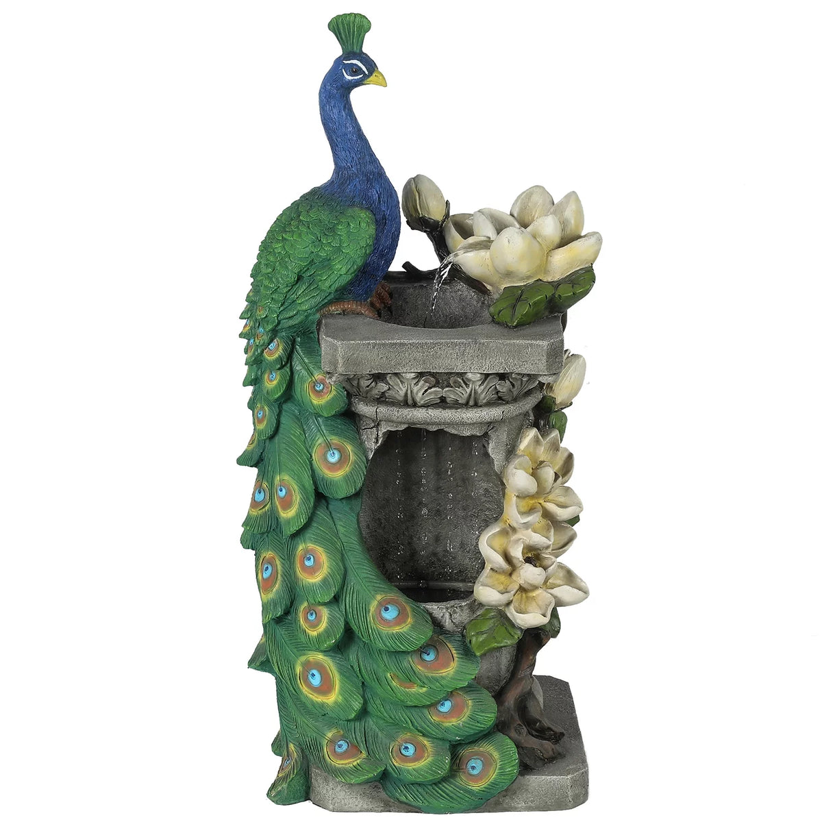 Blue and Green Resin Peacock Outdoor Fountain with LED Light Q59525