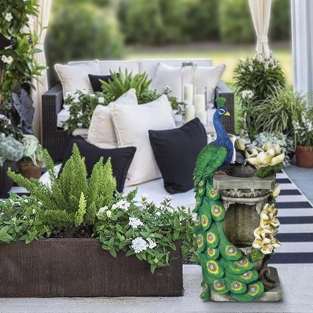 Blue and Green Resin Peacock Outdoor Fountain with LED Light Q59525