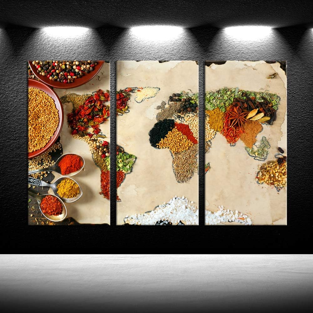 3pcs Kitchen Canvas Art Wall Decor World Map Spices Picture Painting 12x24inchx3pcs C8264