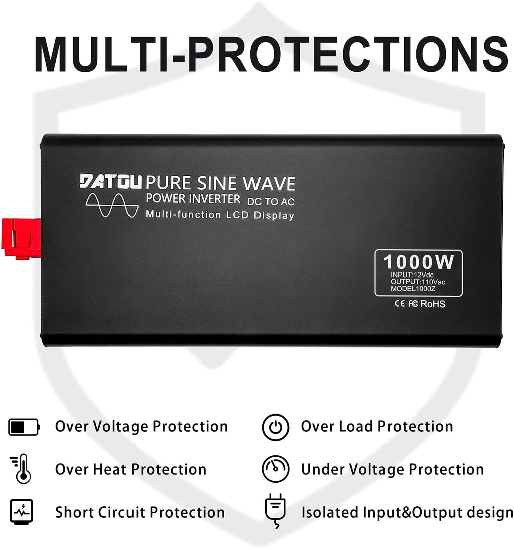 1000W Pure Sine Wave Power Inverter DC 12V to 110V AC with Remote Control and LCD Display X99317