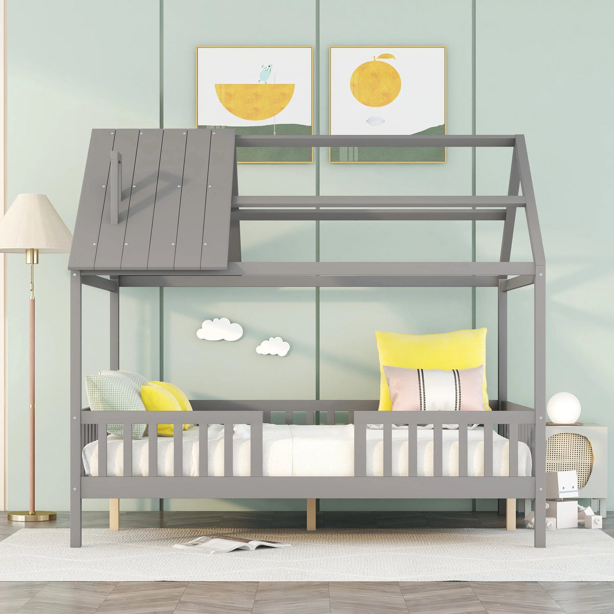 Full Size Wood Bed Frame with Roof and Fence E7241