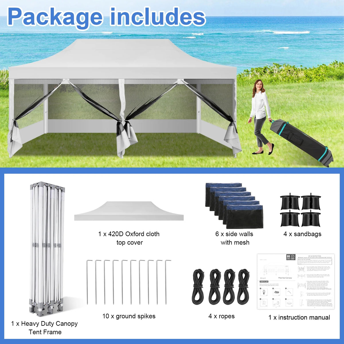 White 10' x 20' Pop up Canopy Tent with 6 Mosquito Side Walls & Carry Bag I7162