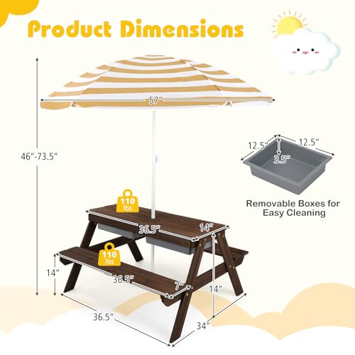 Kids Wooden Picnic Table and Chair Set with Umbrella R7530