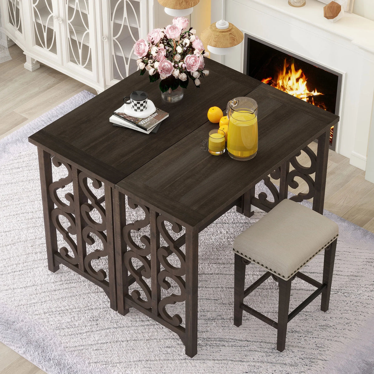 3-Piece Solid Wood Counter Height Dining Set with 2 Saddle Stools E4841