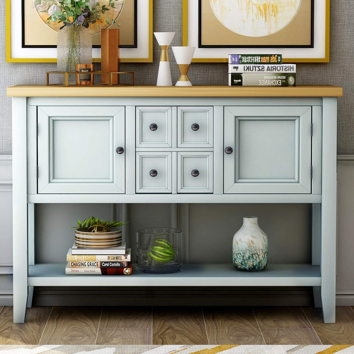 Solid Wood Console Table with 3 Drawers, 2 Cabinet and 1 Shelf N9166