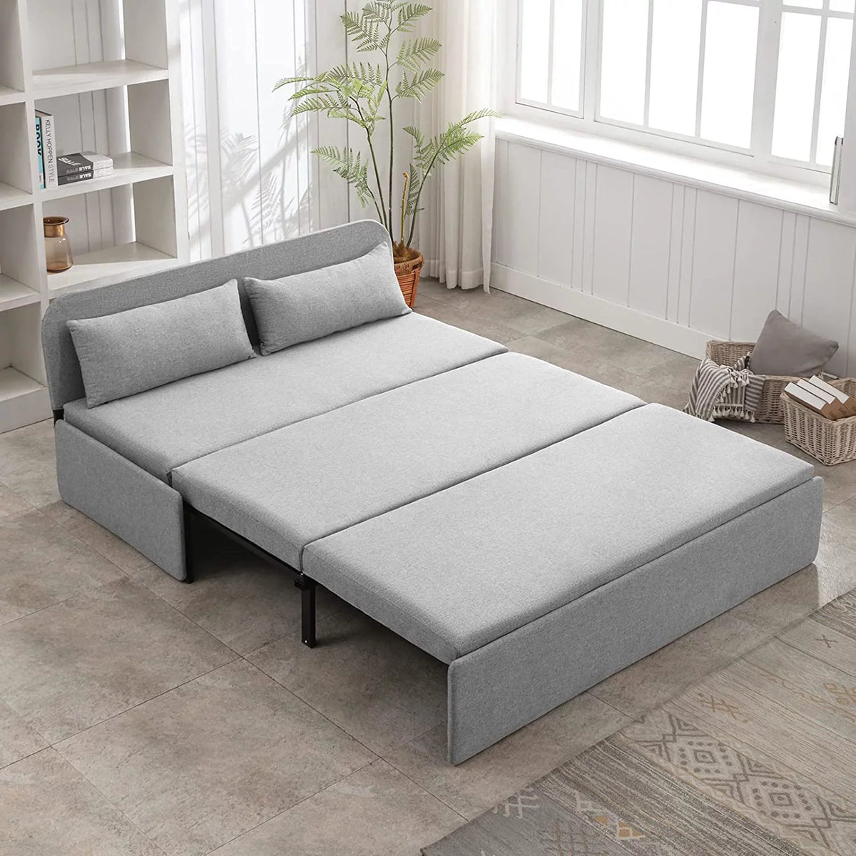 Queen Size Light Gray Linen Convertible Sofa Bed W270