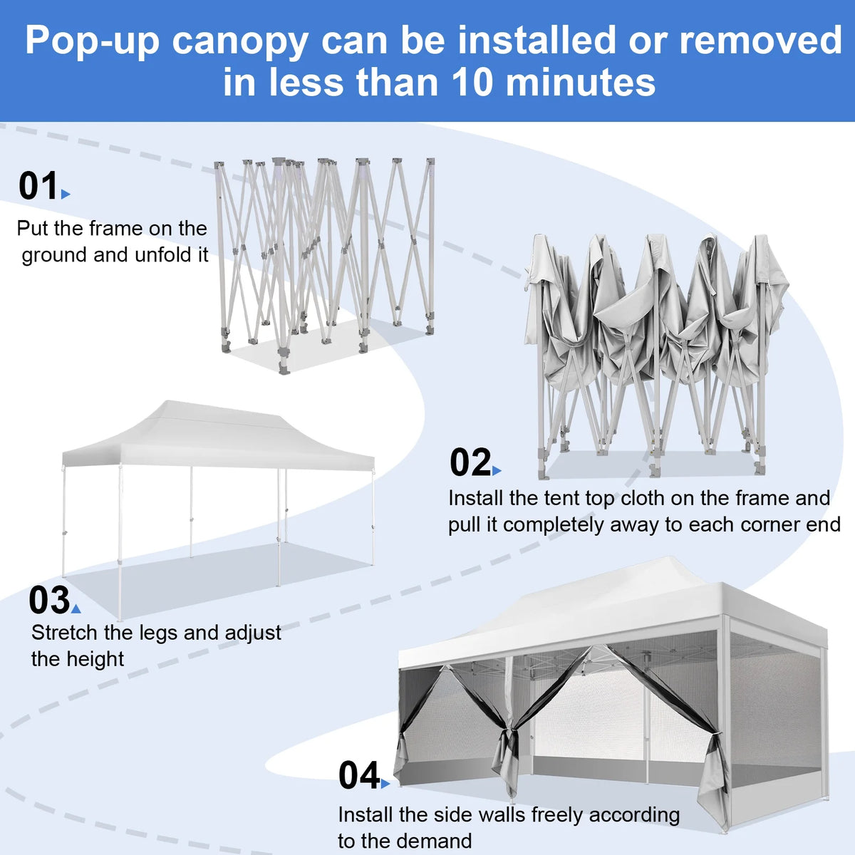 White 10' x 20' Pop up Canopy Tent with 6 Mosquito Side Walls & Carry Bag I7162