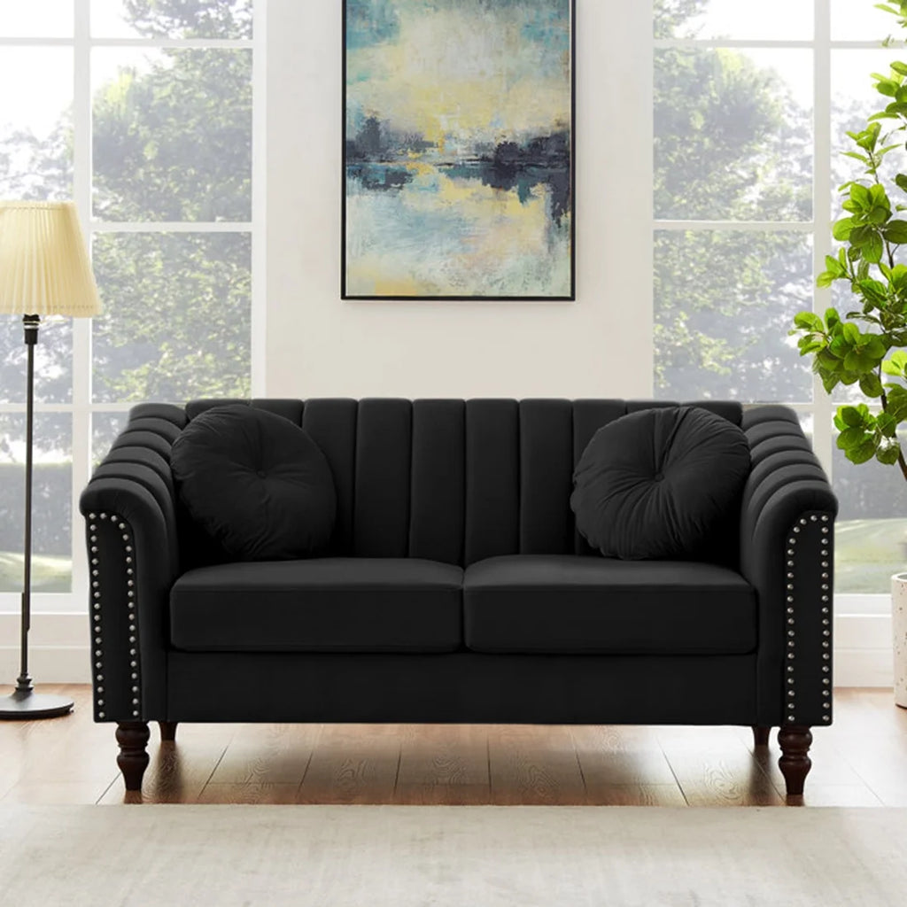 Black Velvet Loveseat Sofa with Pillows and Nailhead Trim Armrest V552718