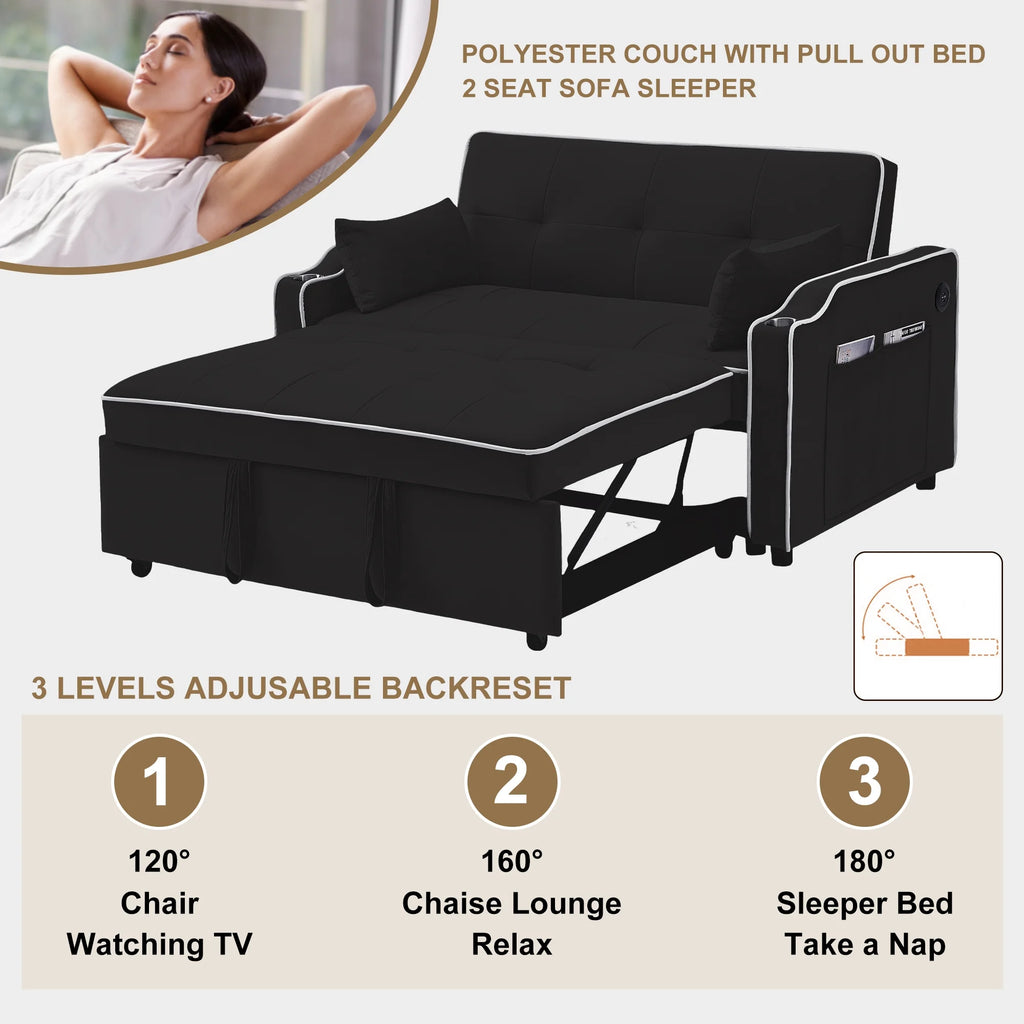 Black Pull Out Loveseat Sleeper Sofa Bed with Cup Holders P588502