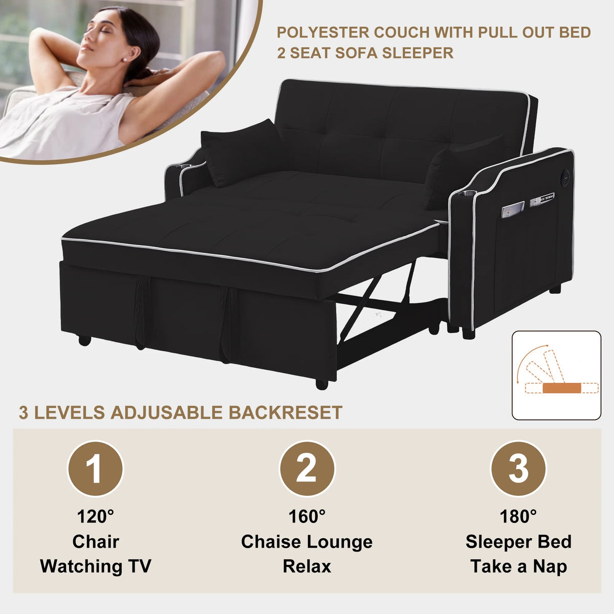 Black Pull Out Loveseat Sleeper Sofa Bed with Cup Holders P588502