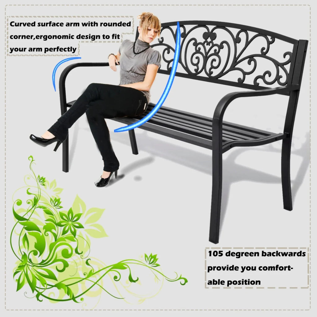 Black Steel Patio Bench with Back and Cast Iron Armrest M968
