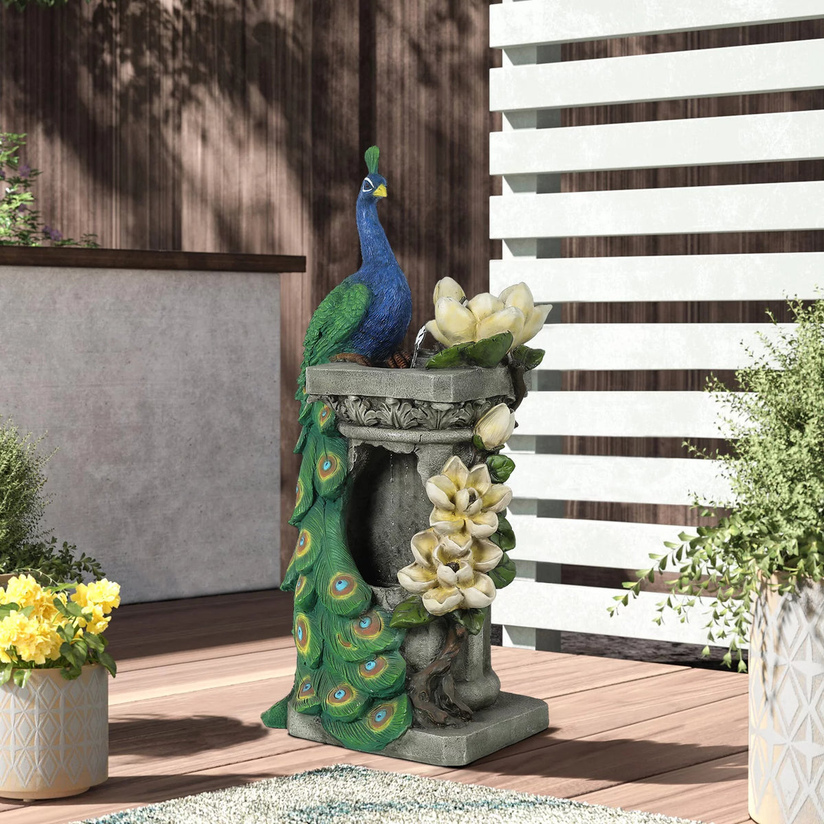 Blue and Green Resin Peacock Outdoor Fountain with LED Light Q59525
