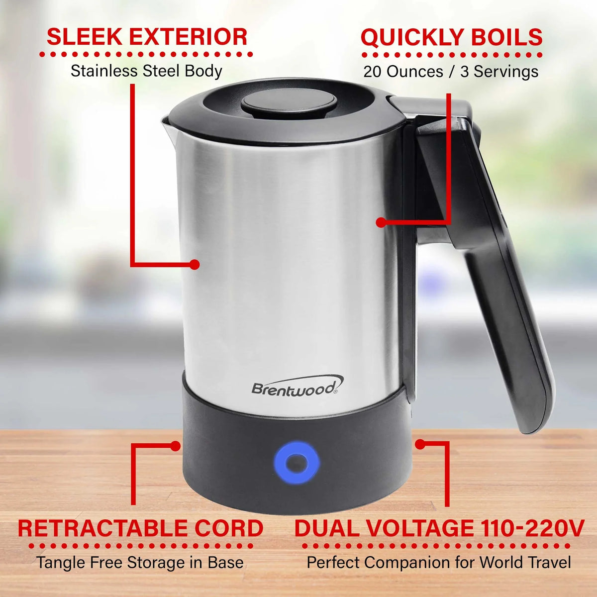 1000-Watt 20-Oz. Stainless Steel Electric Travel Kettle S788