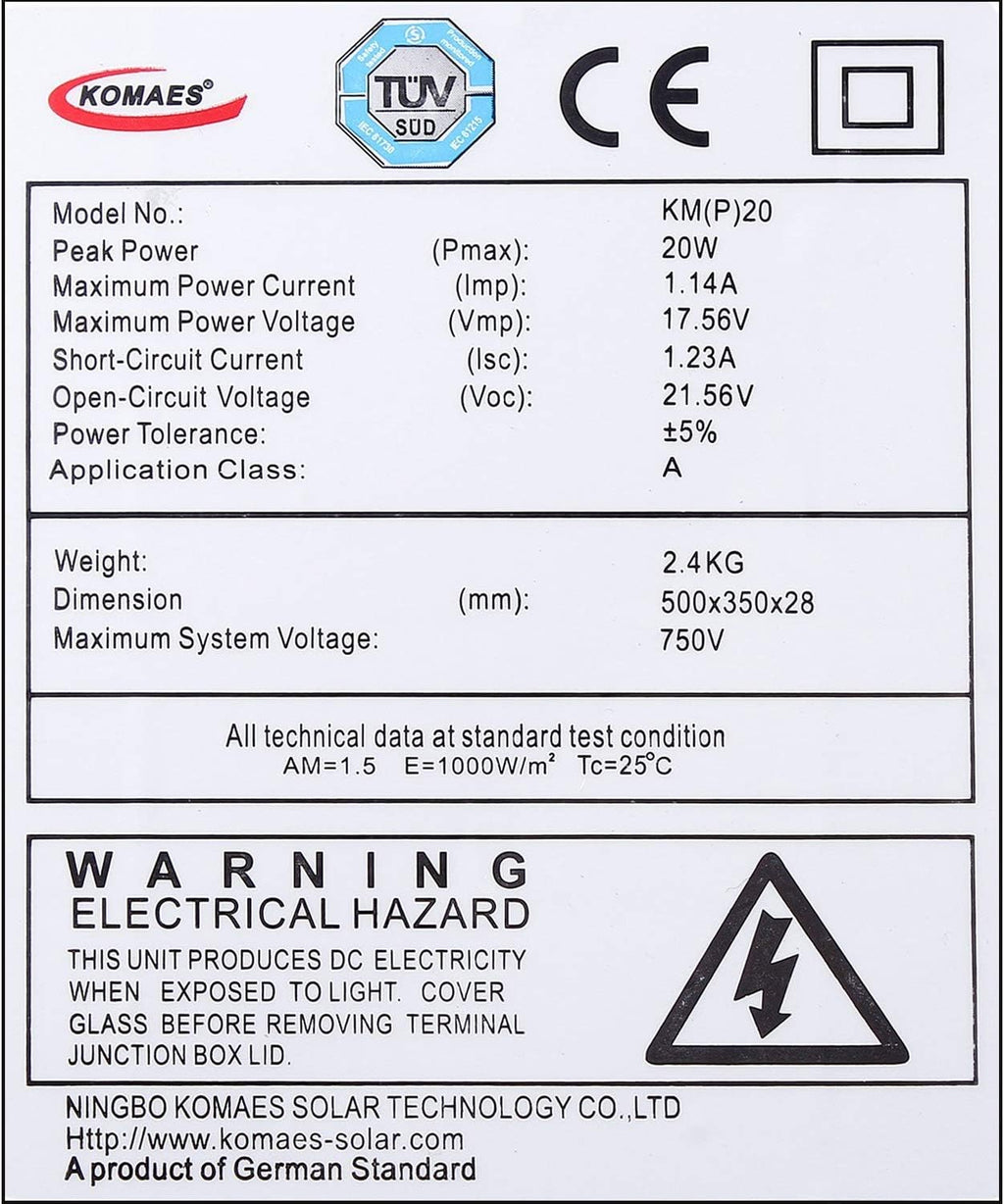 20 Watts 12Volts Polycrystalline Solar Panel with 3Amp Solar Charge Controller and 3ft Crocodile Clip Cables T412721