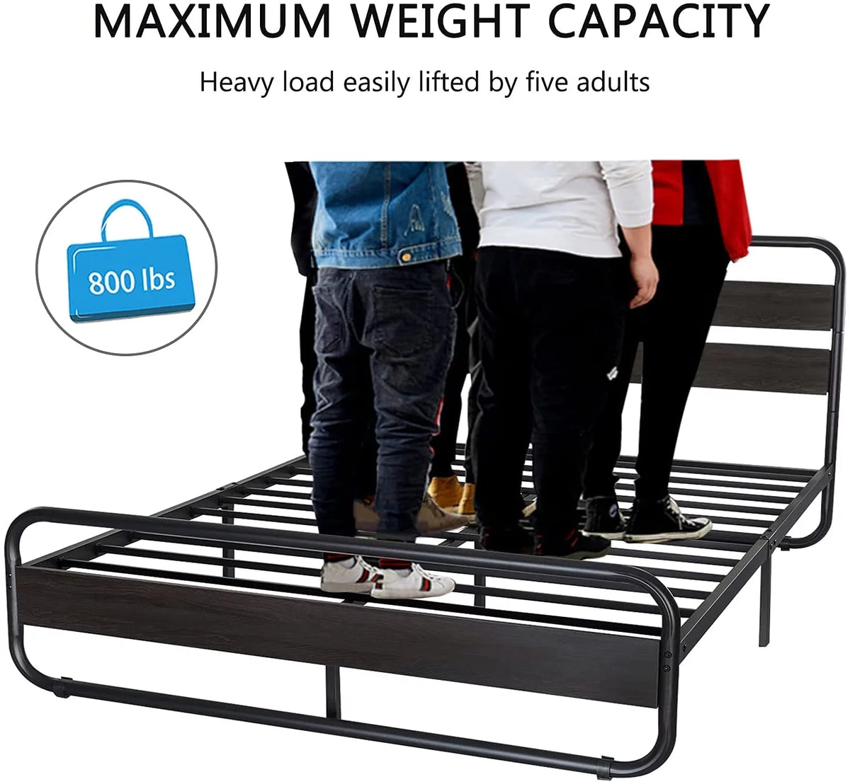Full Size Metal Platform Bed Frame with Wooden Headboard & Footboard, Black R430