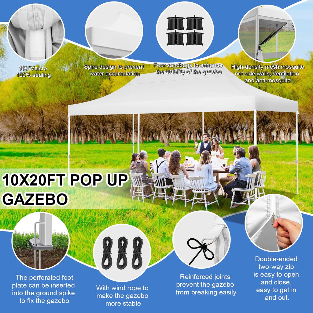 White 10' x 20' Pop up Canopy Tent with 6 Mosquito Side Walls & Carry Bag I7162