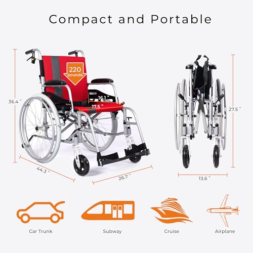 Red Lightweight Self Propelled Wheelchair with Travel Bag and Cushion S366