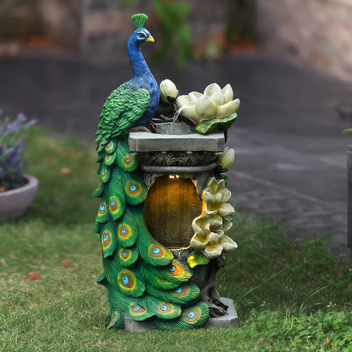 Blue and Green Resin Peacock Outdoor Fountain with LED Light Q59525