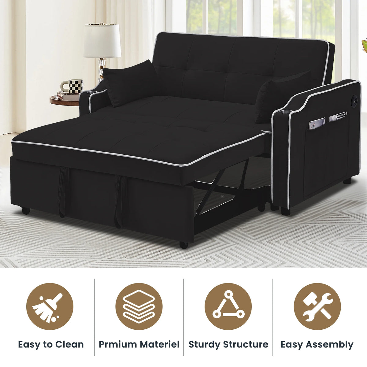 Black Pull Out Loveseat Sleeper Sofa Bed with Cup Holders P588502