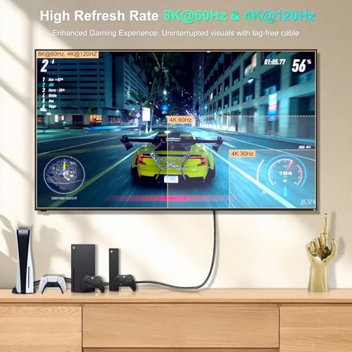 8K HDMI 2.1 Cable 20 ft, 48Gbps Ultra High Speed, 4K 240Hz, 8K 60Hz, HDR10+, eARC, Braided H7586