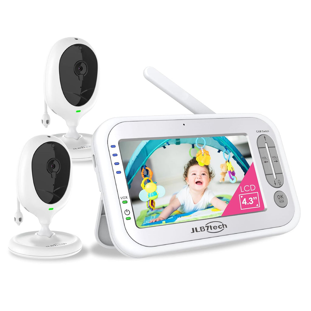 Video Baby Monitor with 2 Digital Cameras, 4.3 LCD Display, Automatic Night Vision, Two-Way Talkback, Temperature Detection, Vox, Zoom in Lens B382