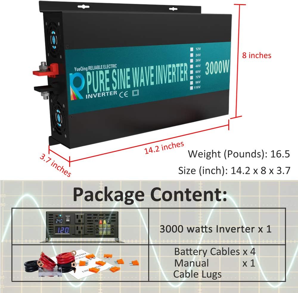 3000W Pure Sine Wave Inverter 24V DC to 120V AC 60HZ with LED Display L648781