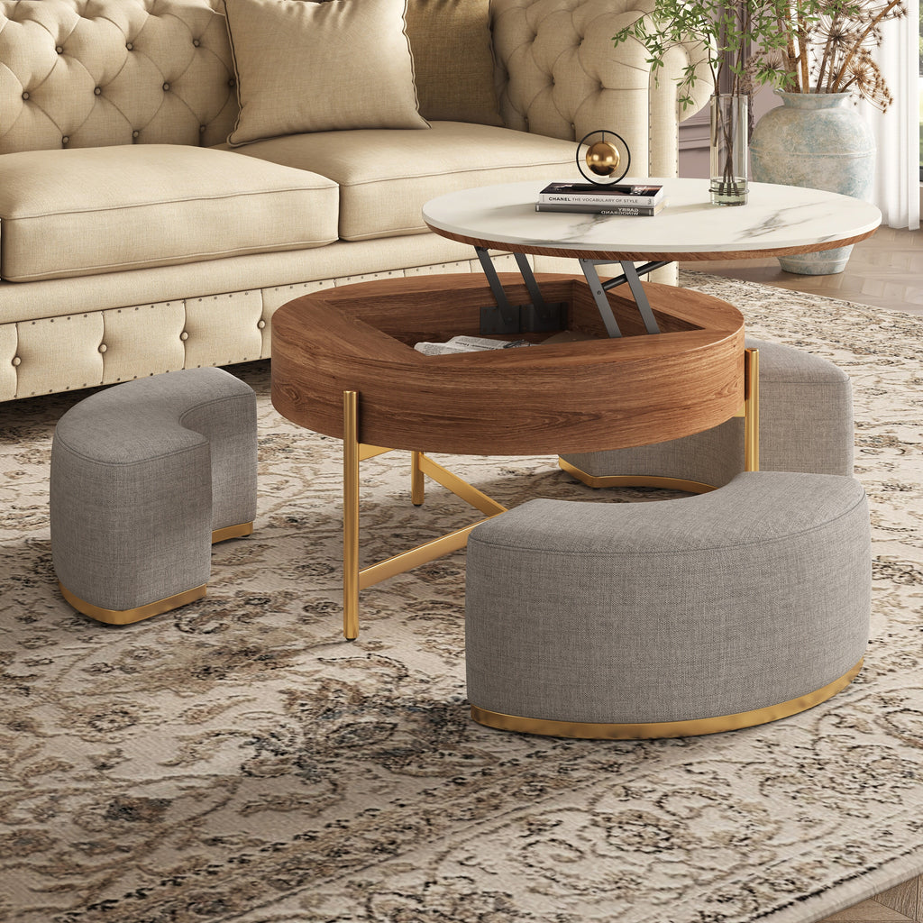 Lift Top Nesting Coffee Table with Storage and 3 Stools L607