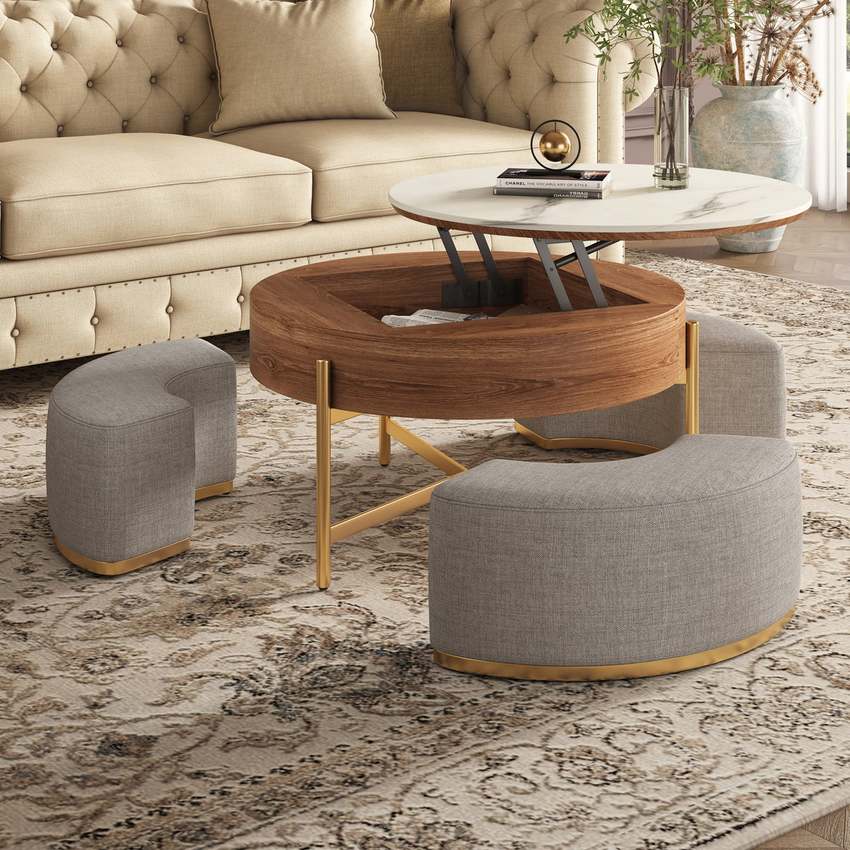 Lift Top Nesting Coffee Table with Storage and 3 Stools L607