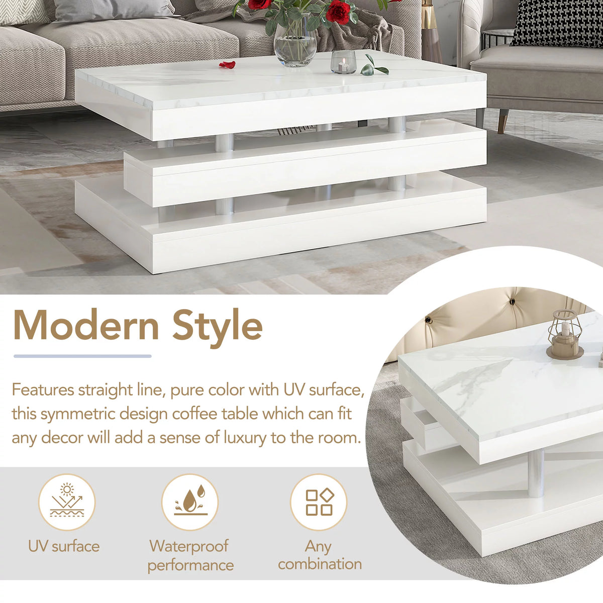 White 2-Tier Coffee Table with Silver Metal Legs Z9297