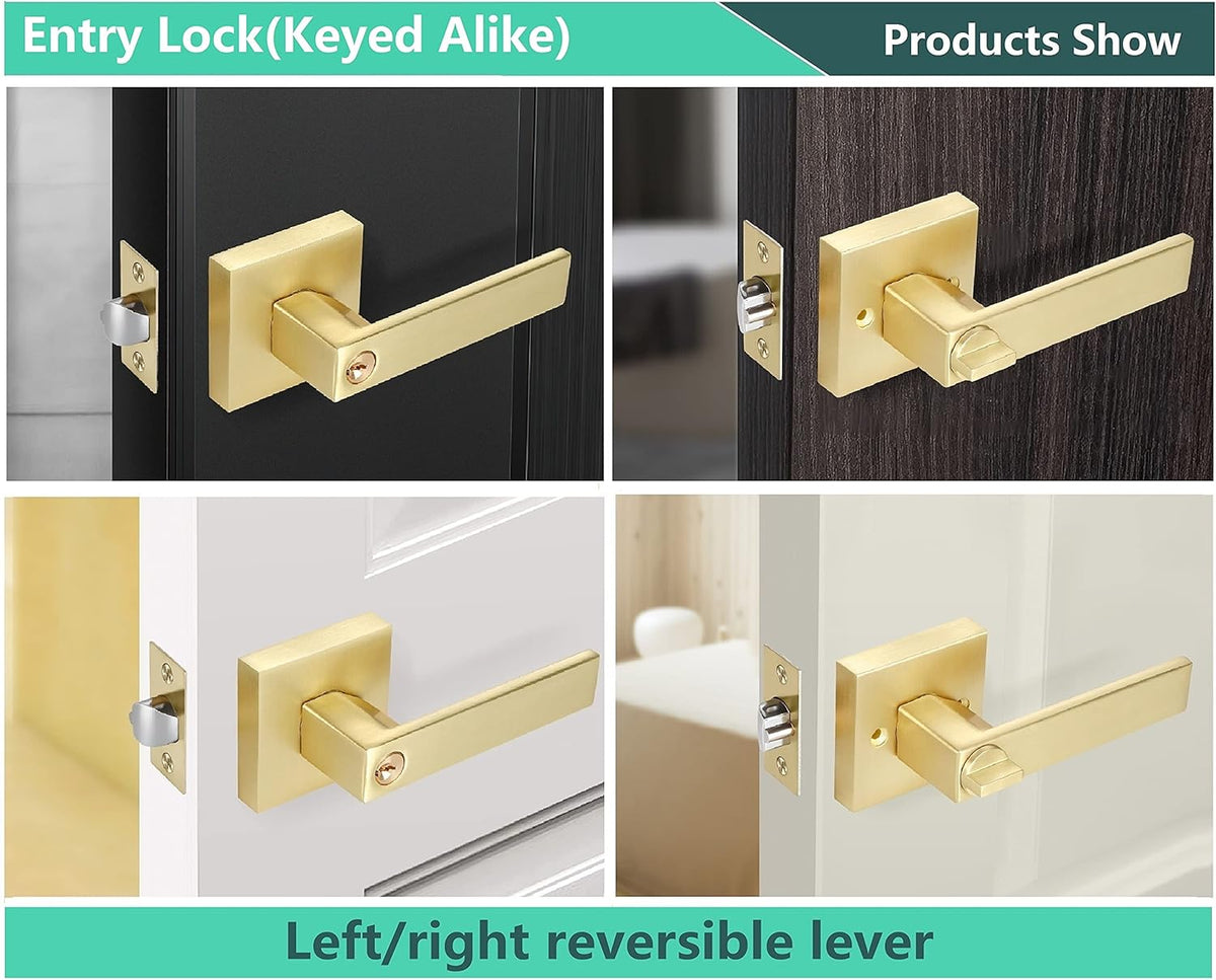 4 Pack Square Euro Style Door Leversets in Stain Brass Finish with Keys H8910