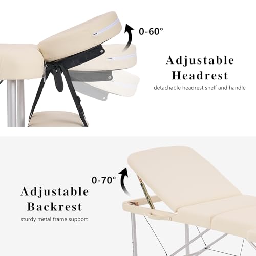 Portable Aluminum Alloy 3 Folding Massage Table with Backrest White Z983191