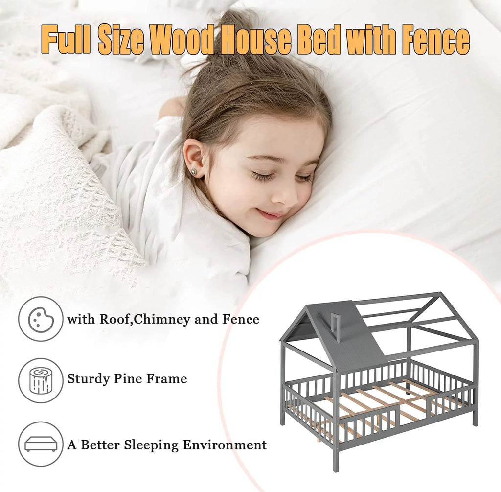 Full Size Wood Bed Frame with Roof and Fence E7241