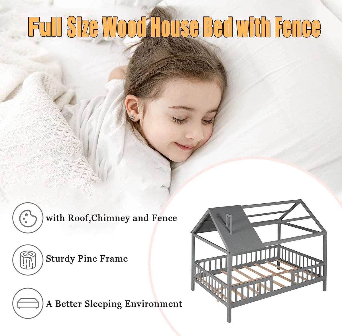 Full Size Wood Bed Frame with Roof and Fence E7241