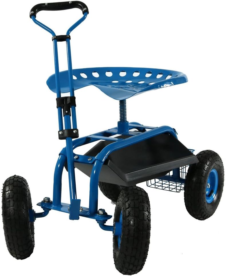 Blue Garden Cart with Swivel Seat and Utility Basket H3342