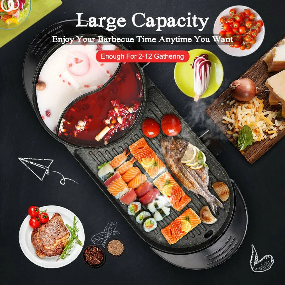 2 in 1 Portable Electric Hot Pot Barbecue Grill Non-Stick Pan B3988