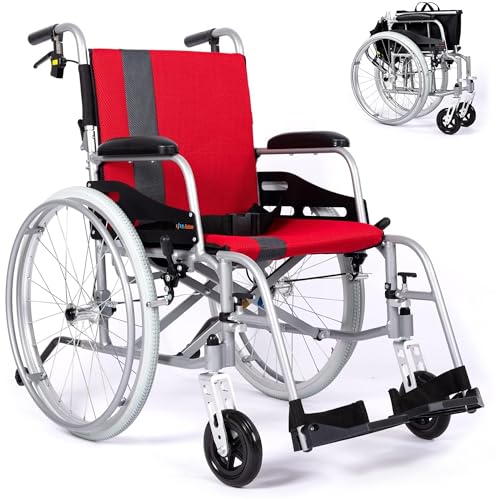 Red Lightweight Self Propelled Wheelchair with Travel Bag and Cushion S366