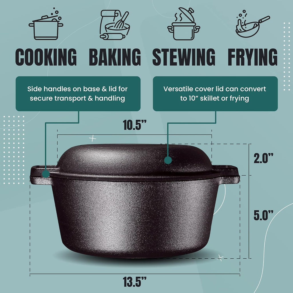Matte 11-inch Ceramic Large Round Serving Plates and 5 Quart Cast Iron Double Dutch Oven Set with 10 inch Skillet Lid S613148