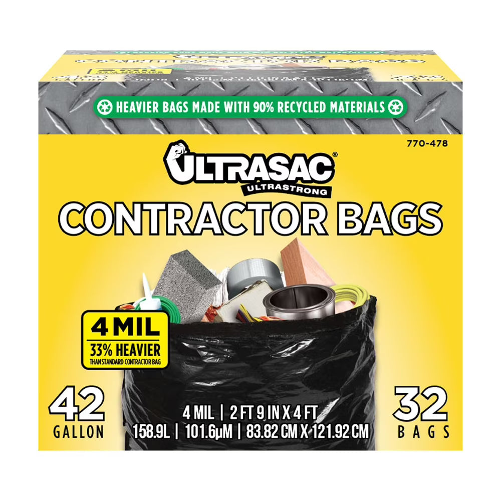 Extra Heavy Duty Contractor Bags - 42 Gallon, 4 Mil (32 Pack w/Ties) - 33" x 48" N98422