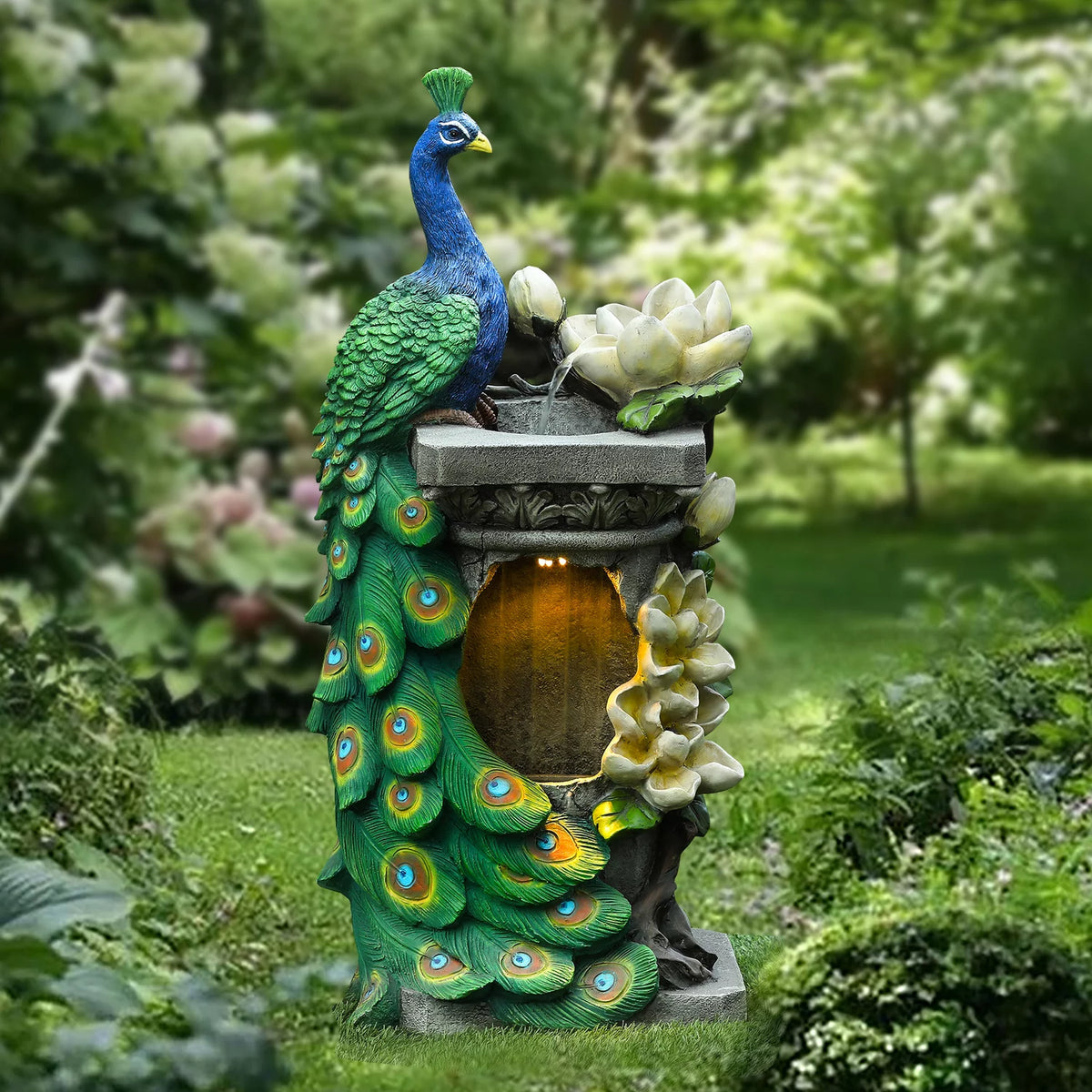 Blue and Green Resin Peacock Outdoor Fountain with LED Light Q59525
